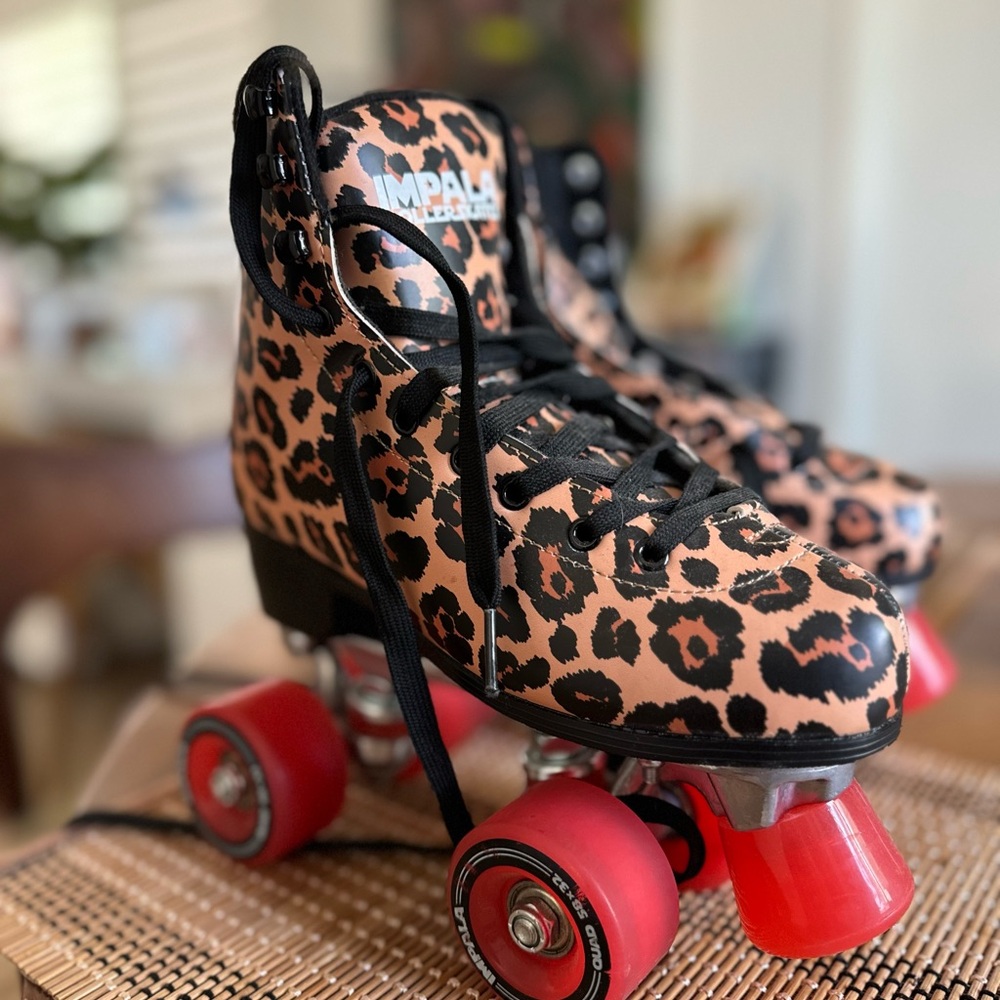 Leopard Print Roller Skates with Red Wheels